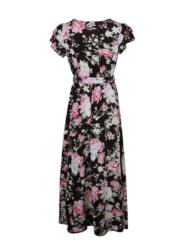 Floral Mid-Length Slit Dress – Sleeveless V-Neck for Summer Vacations