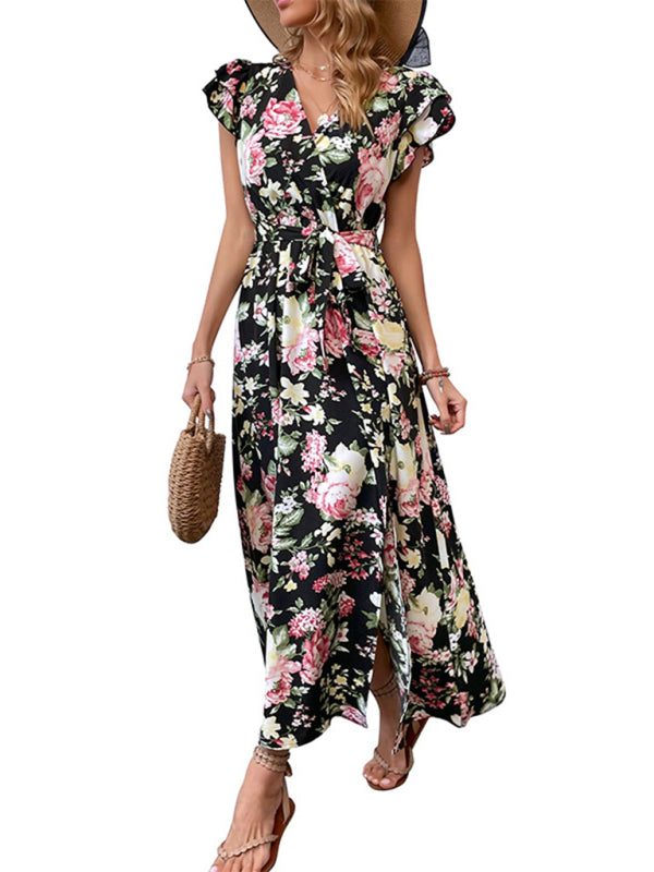 Floral Mid-Length Slit Dress – Sleeveless V-Neck for Summer Vacations