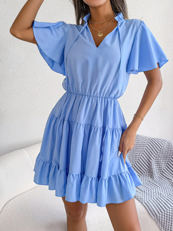 A-Linien-Kleid mit Rüschenärmeln für Damen – einfarbig, V-Ausschnitt, Lotusblatt-Saum