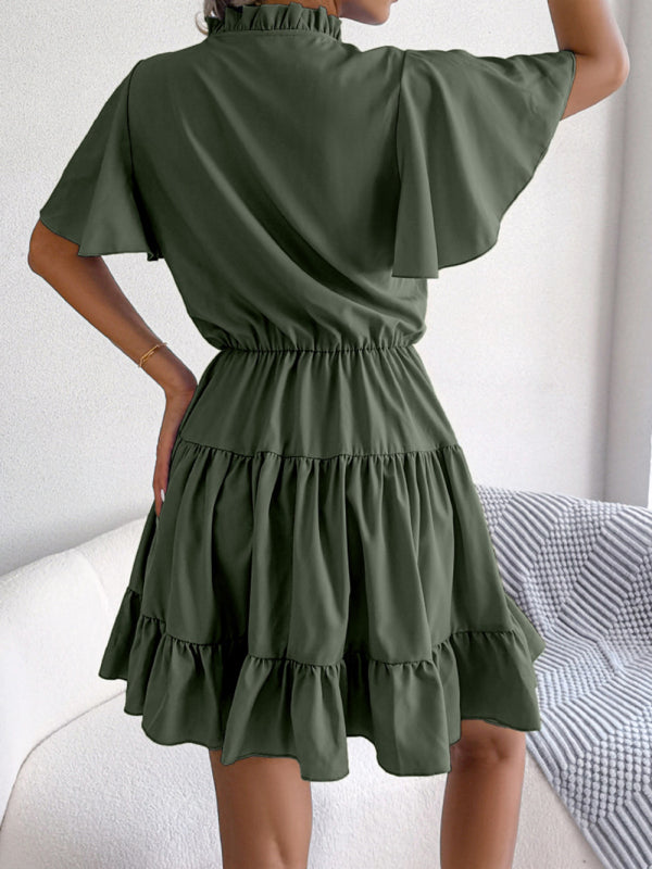 A-Linien-Kleid mit Rüschenärmeln für Damen – einfarbig, V-Ausschnitt, Lotusblatt-Saum
