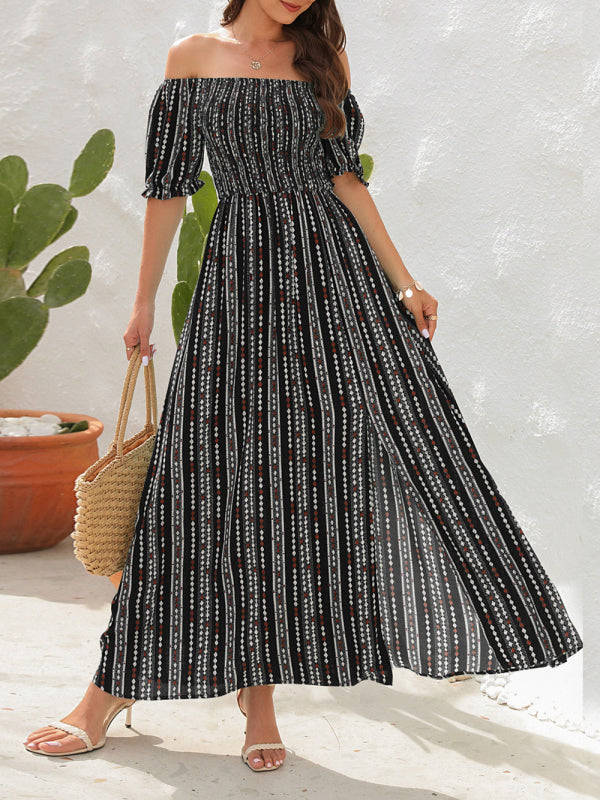 One-Shoulder Vertical Stripe Holiday Slit Dress – Boho Summer Favorite