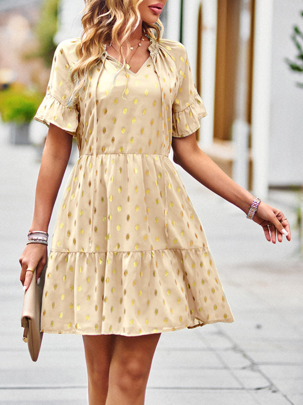Elegant Bronzing Polka Dot Short Dress – V-Neck, Lightweight Woven Fabric
