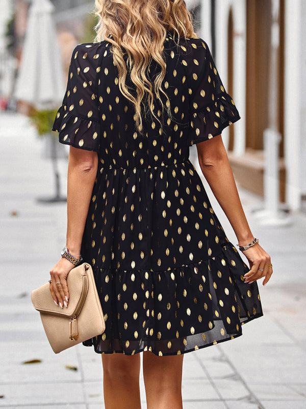 Elegant Bronzing Polka Dot Short Dress – V-Neck, Lightweight Woven Fabric