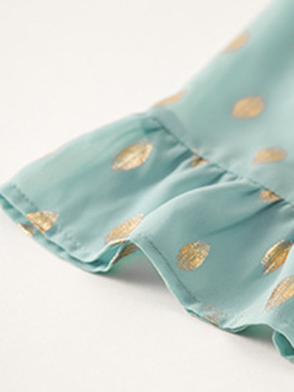 Elegant Bronzing Polka Dot Short Dress – V-Neck, Lightweight Woven Fabric