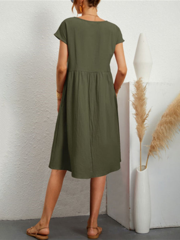 Solid Cotton A-Line Dress – Short Sleeves, Round Neck, Flowy Fit