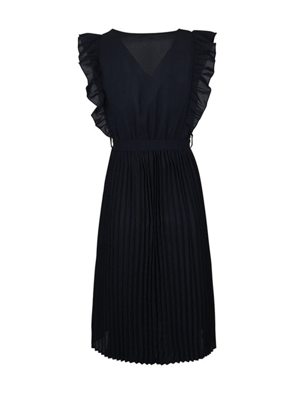 Ruffle Pleated Summer Sleeveless Dress – V-Neck, High Waist, Lightweight