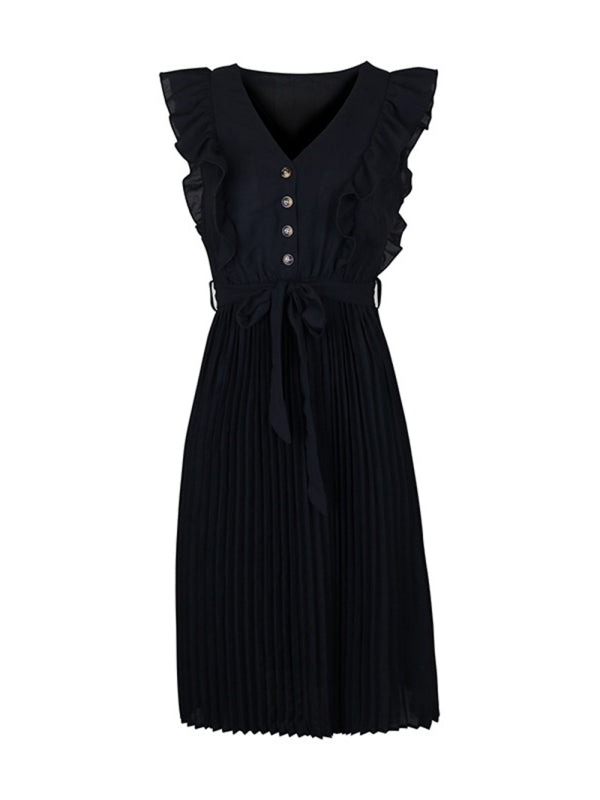 Ruffle Pleated Summer Sleeveless Dress – V-Neck, High Waist, Lightweight