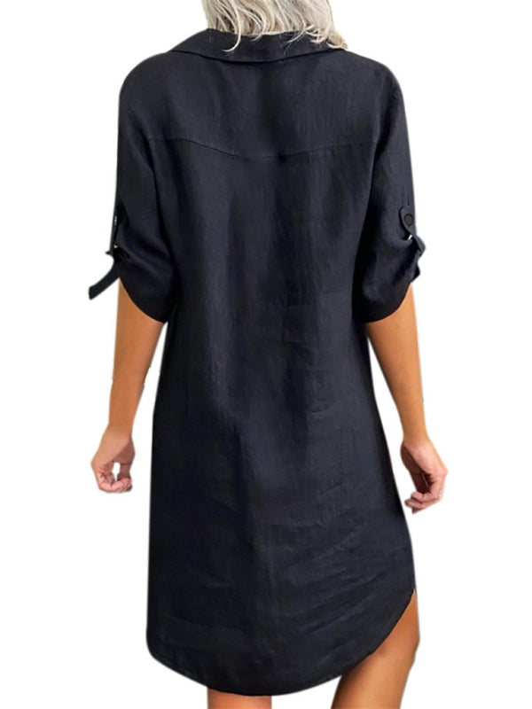 Cotton-Linen Long Sleeve Shirt Dress – Relaxed Fit, Lapel Collar