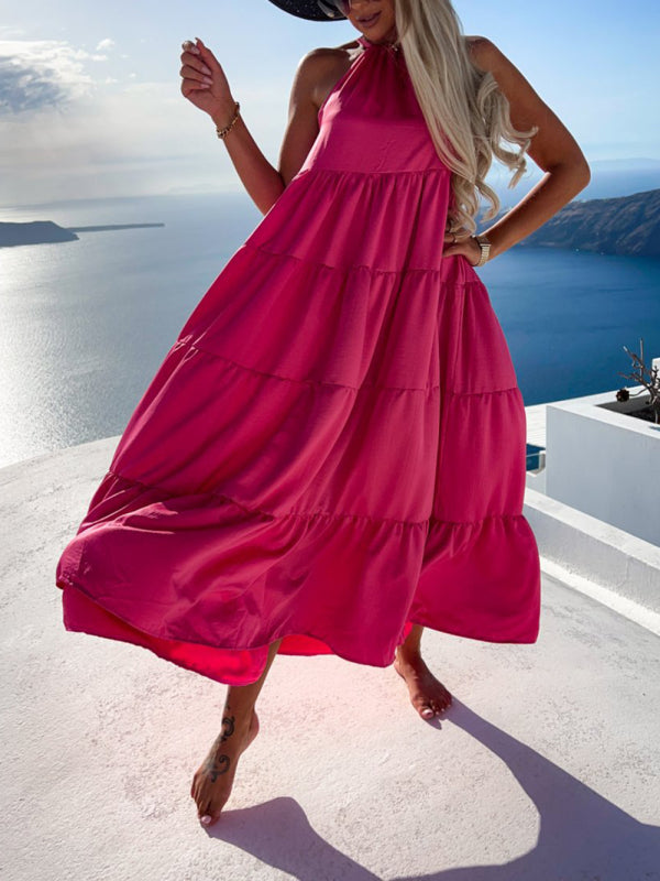 Rose Ruched Swing Skirt Maxi Dress – Sleeveless Beach Vacation Dress