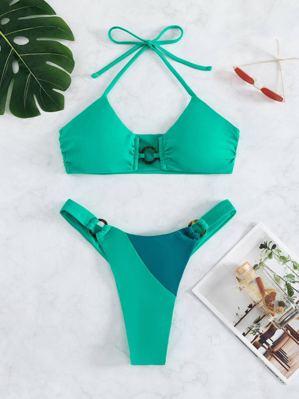 Ring Detail Knit Bikini Set – Sleek Colorblock Design & Soft Stretch Fit