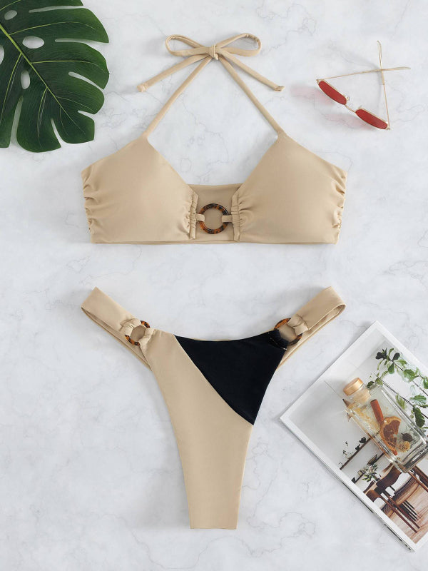 Ring Detail Knit Bikini Set – Sleek Colorblock Design & Soft Stretch Fit