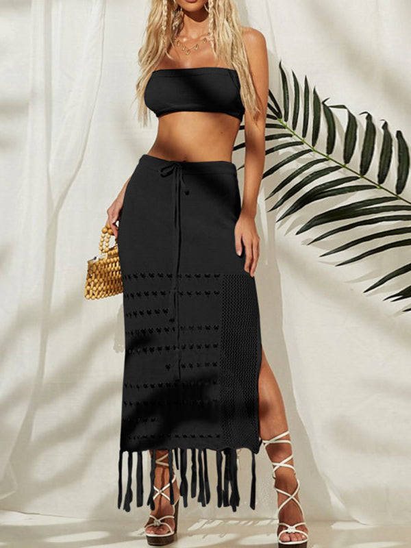 Women's Two-Piece Tassel Beach Cover-Up Set – Strapless Wrap Top & Skirt