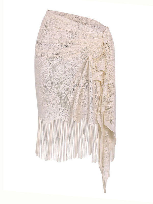 Lace Tassel Beach Cover-Up Skirt – Sheer Knit Wrap for Pool & Resort