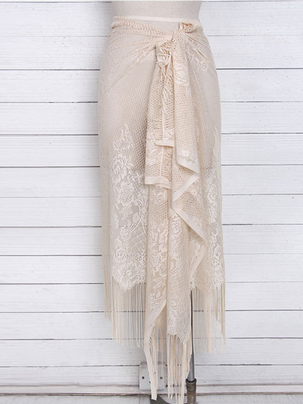 Lace Tassel Beach Cover-Up Skirt – Sheer Knit Wrap for Pool & Resort