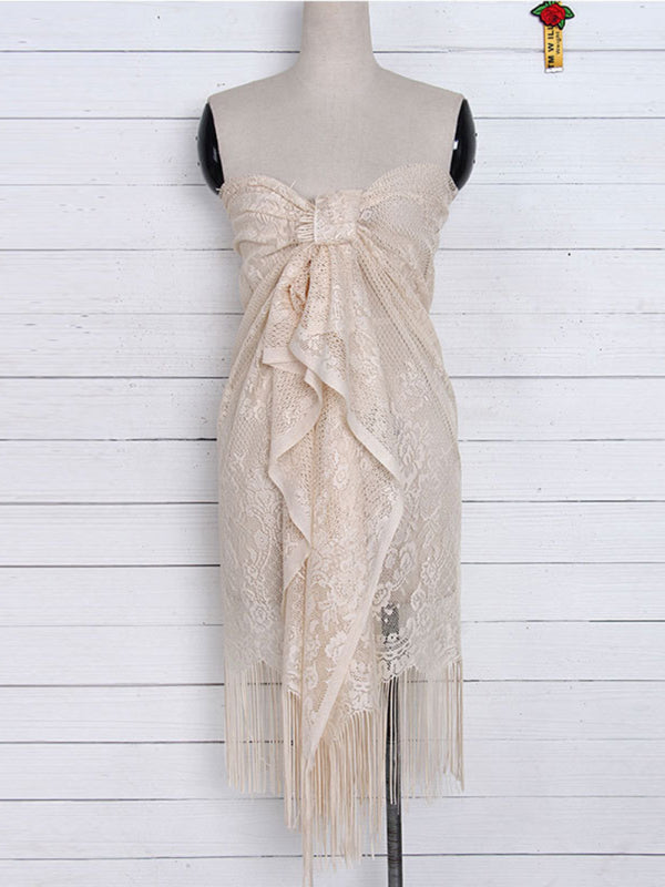 Lace Tassel Beach Cover-Up Skirt – Sheer Knit Wrap for Pool & Resort