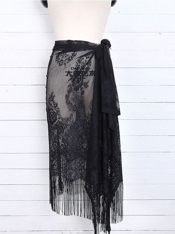 Lace Tassel Beach Cover-Up Skirt – Sheer Knit Wrap for Pool & Resort
