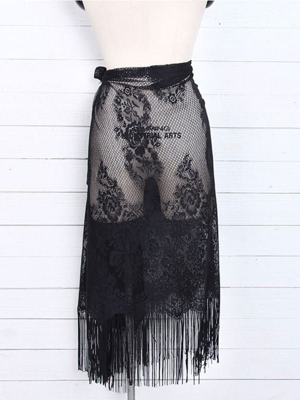 Lace Tassel Beach Cover-Up Skirt – Sheer Knit Wrap for Pool & Resort