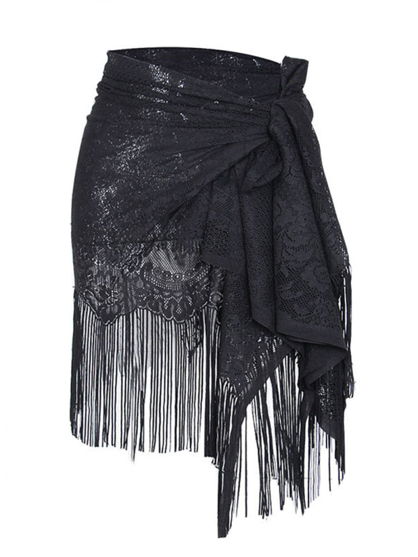 Lace Tassel Beach Cover-Up Skirt – Sheer Knit Wrap for Pool & Resort