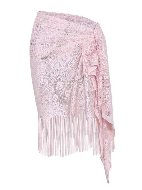Lace Tassel Beach Cover-Up Skirt – Sheer Knit Wrap for Pool & Resort