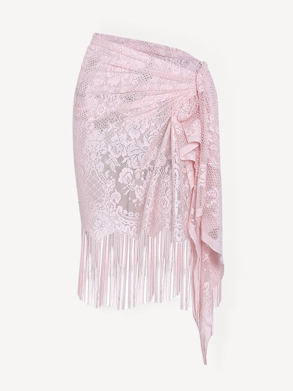Lace Tassel Beach Cover-Up Skirt – Sheer Knit Wrap for Pool & Resort