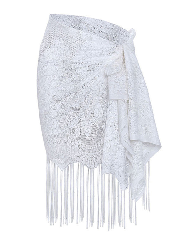 Lace Tassel Beach Cover-Up Skirt – Sheer Knit Wrap for Pool & Resort