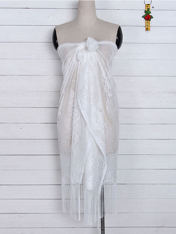 Lace Tassel Beach Cover-Up Skirt – Sheer Knit Wrap for Pool & Resort