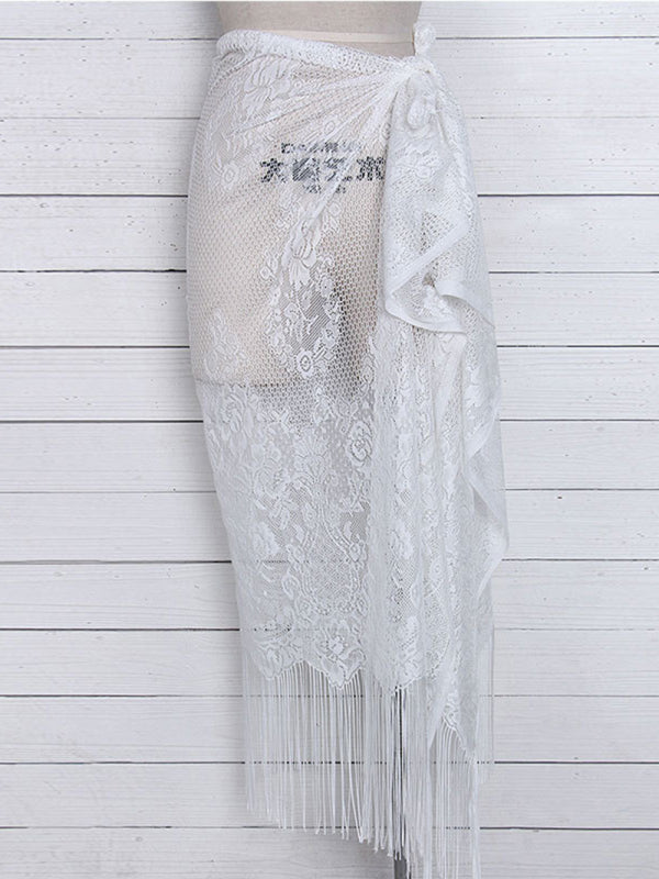 Lace Tassel Beach Cover-Up Skirt – Sheer Knit Wrap for Pool & Resort