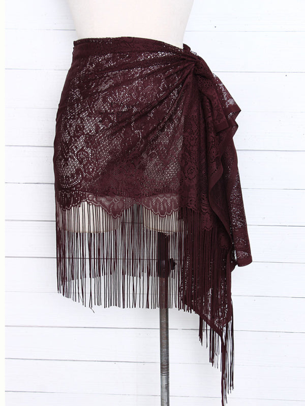 Lace Tassel Beach Cover-Up Skirt – Sheer Knit Wrap for Pool & Resort