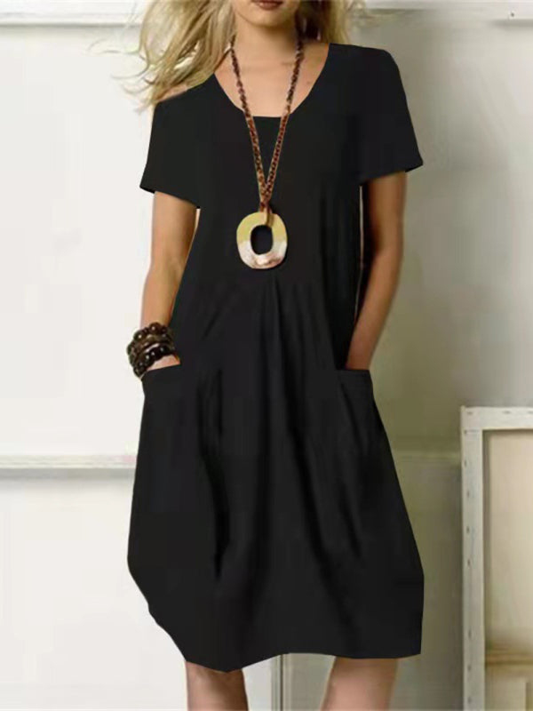 Loose Fit Midi Swing Dress with Pockets – Short Sleeves & Round Neck