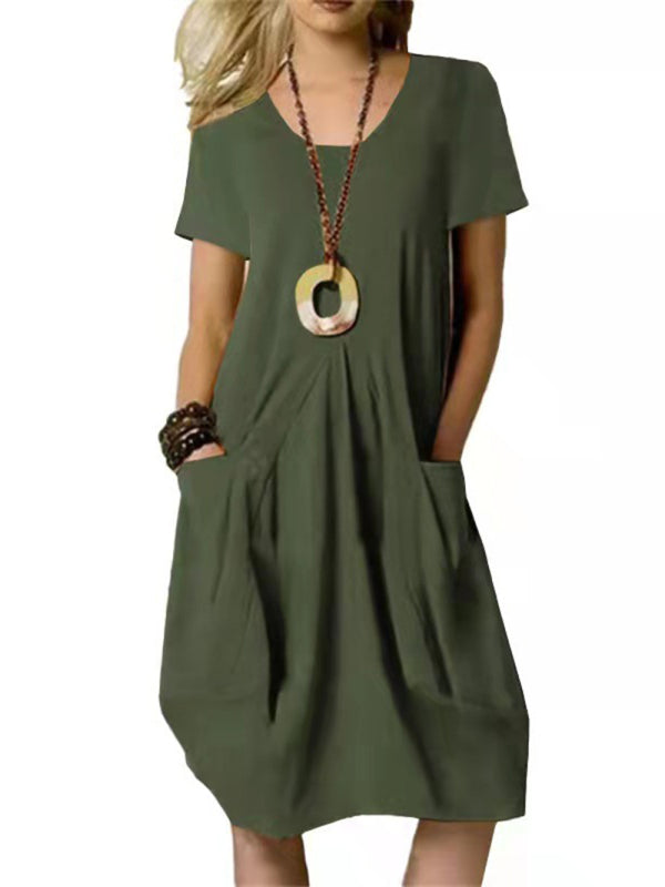 Loose Fit Midi Swing Dress with Pockets – Short Sleeves & Round Neck