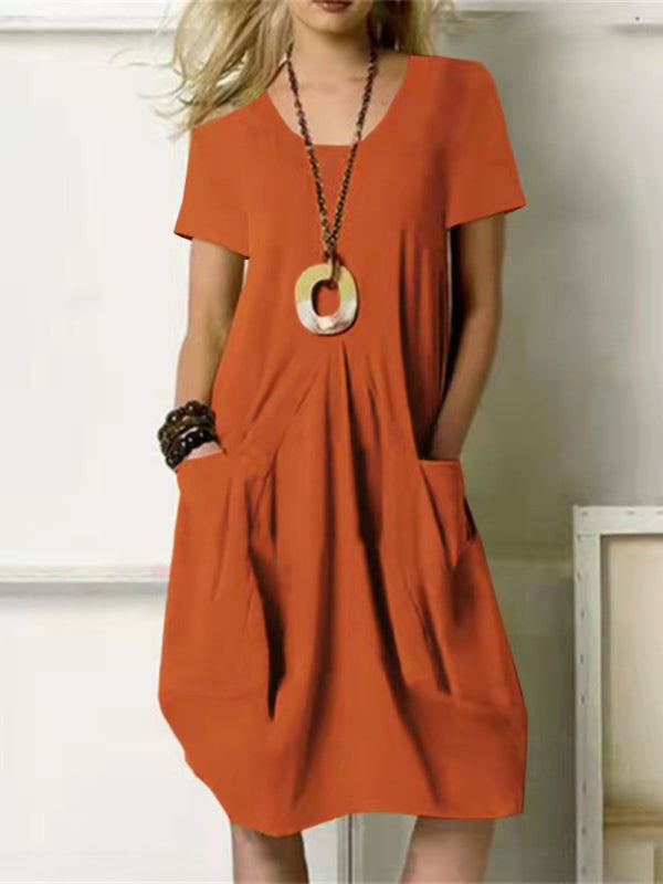 Loose Fit Midi Swing Dress with Pockets – Short Sleeves & Round Neck