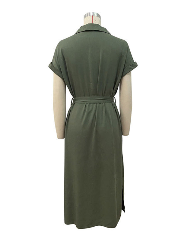 Green Lapel Tie-Waist Shirt Dress – Sleeveless Woven Leisurewear