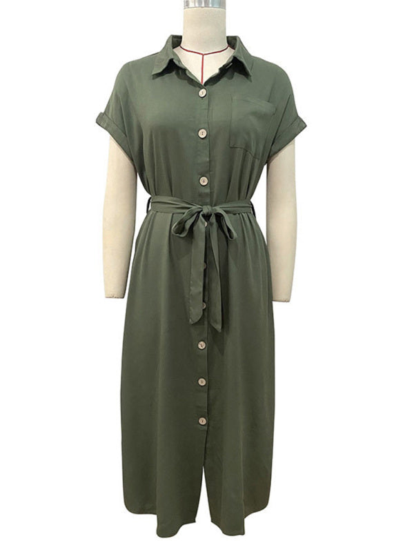 Green Lapel Tie-Waist Shirt Dress – Sleeveless Woven Leisurewear