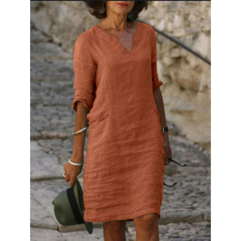 slim-fit-v-neck-cotton-linen-midi-dress-–-mid-sleeves-solid-colorsmiling-maria---everything-for-women-34645816