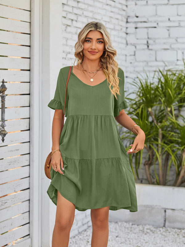 Babydoll Summer Pleated Midi Dress – Sleeveless V-Neck with Pockets