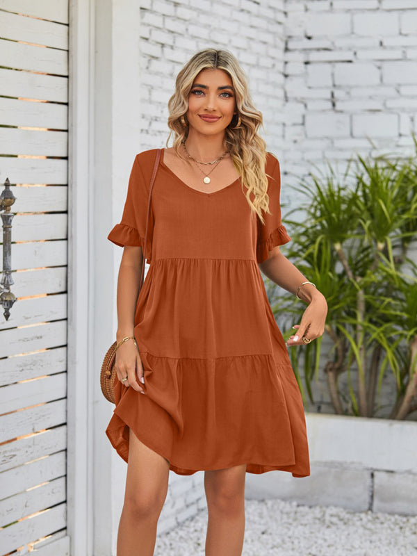 Babydoll Summer Pleated Midi Dress – Sleeveless V-Neck with Pockets