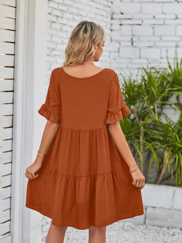 Babydoll Summer Pleated Midi Dress – Sleeveless V-Neck with Pockets