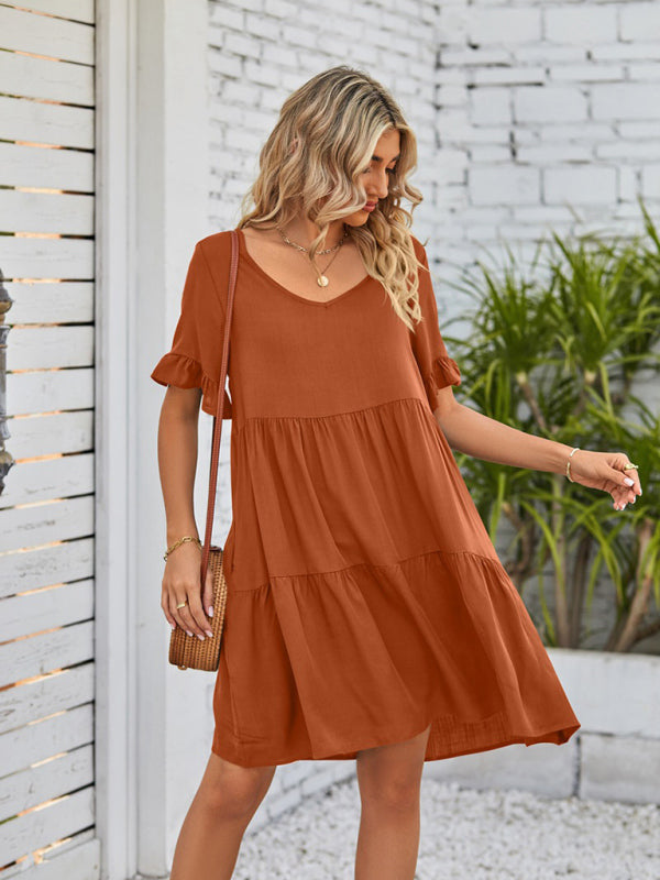 Babydoll Summer Pleated Midi Dress – Sleeveless V-Neck with Pockets