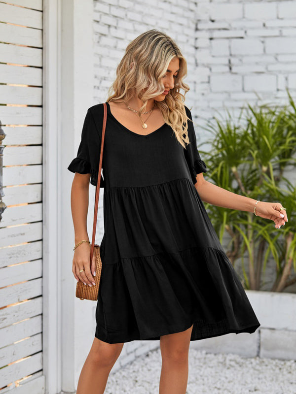 Babydoll Summer Pleated Midi Dress – Sleeveless V-Neck with Pockets