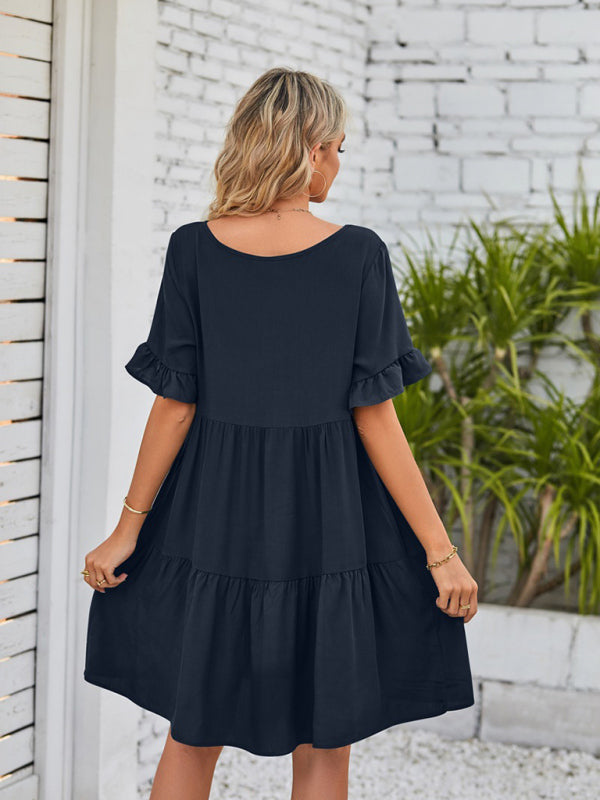 Babydoll Summer Pleated Midi Dress – Sleeveless V-Neck with Pockets