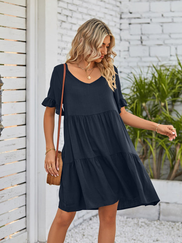 Babydoll Summer Pleated Midi Dress – Sleeveless V-Neck with Pockets