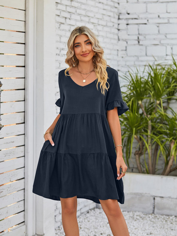 Babydoll Summer Pleated Midi Dress – Sleeveless V-Neck with Pockets