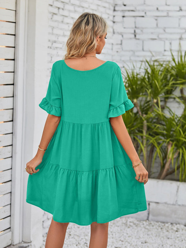 Babydoll Summer Pleated Midi Dress – Sleeveless V-Neck with Pockets
