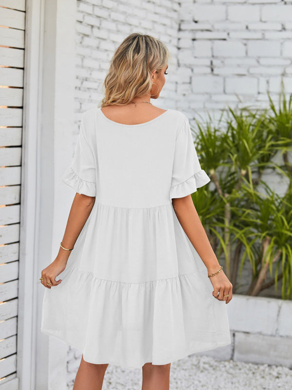 Babydoll Summer Pleated Midi Dress – Sleeveless V-Neck with Pockets