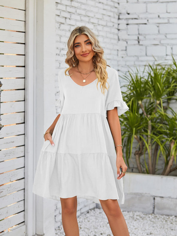 Babydoll Summer Pleated Midi Dress – Sleeveless V-Neck with Pockets