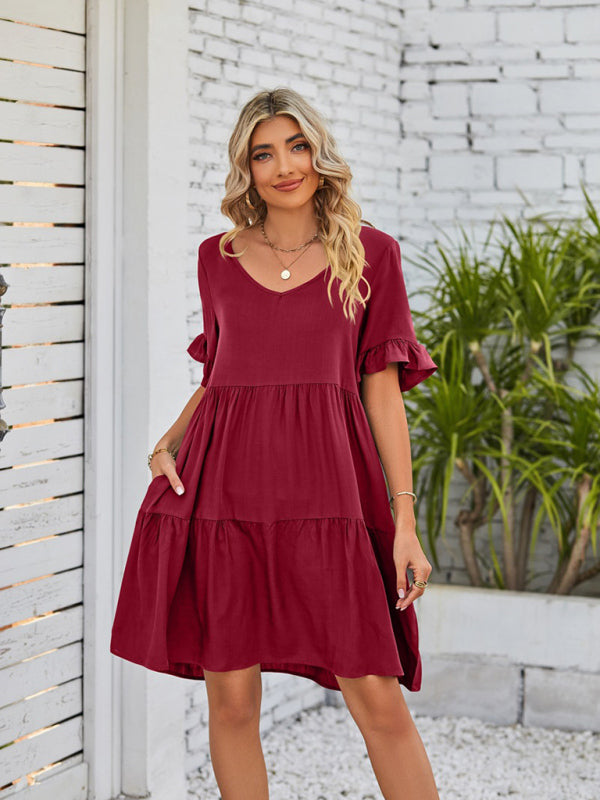 Babydoll Summer Pleated Midi Dress – Sleeveless V-Neck with Pockets