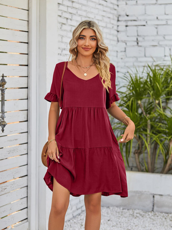 Babydoll Summer Pleated Midi Dress – Sleeveless V-Neck with Pockets