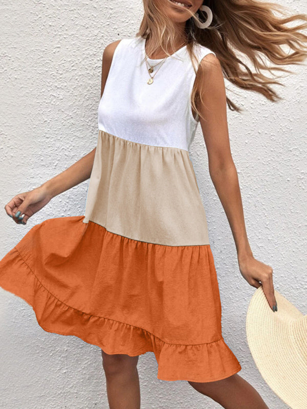 Ruffled Contrast Sleeveless Vest Dress – Casual Loose Fit in Orange