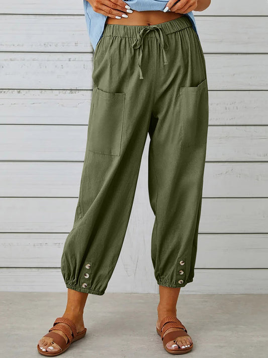 High-Waisted Cotton Linen Wide-Leg Cropped Pants