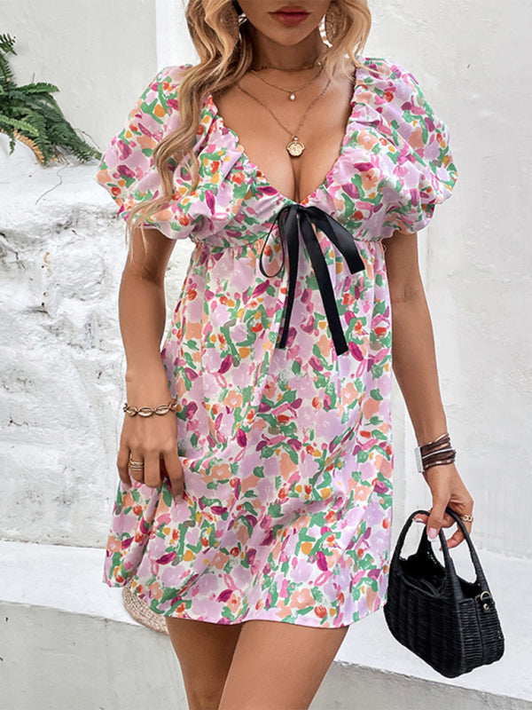 Deep V-Neck Floral Printed Mini Dress – Sleeveless Romantic Fairy Style